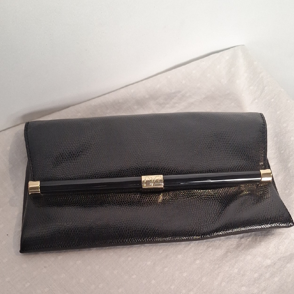 Diane Von Furstenberg Eegant Black Lizard Embossed Leather Clutch Bag